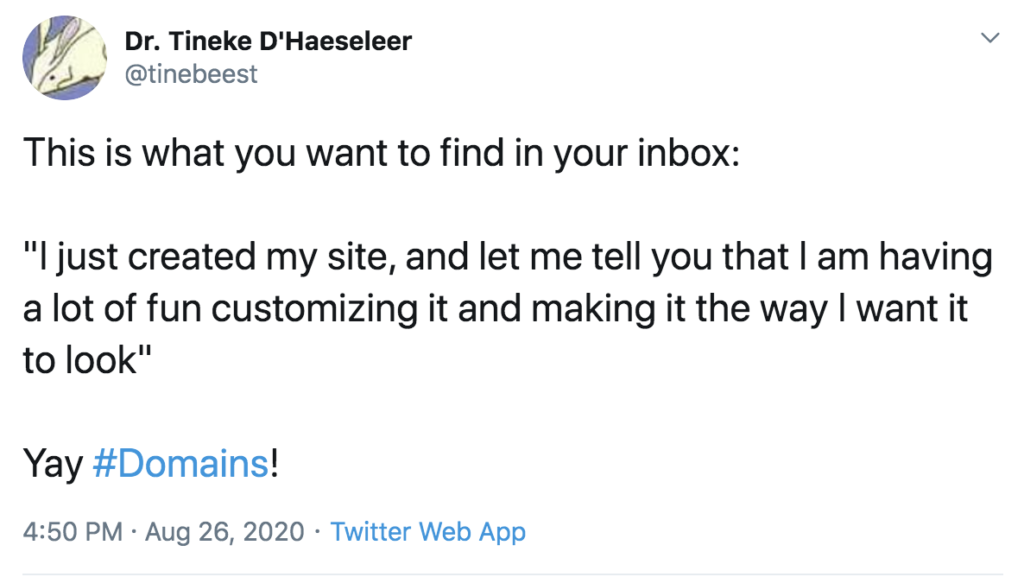 A screenshot of a tweet from Tineke D'Haeseleer about her students starting to design their web domains